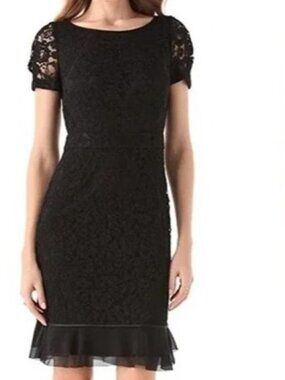 Tory Burch Womens 8 Bovary Lace Black Sheath Dress Ruffle Hem Short Sleeve